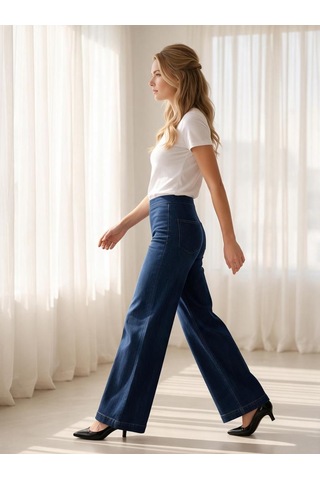 Nealirsanall.com Yüksek Bel Beli Lastikli Geniş Paça Kadın Jean Pantolon Siyah