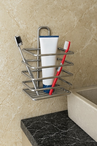 Krom Yapışkanlı Diş Fırçalık - Duvar Tipi, Çok Amaçlı Organizer - Paslanmaz Metal - Dş-01 Krom