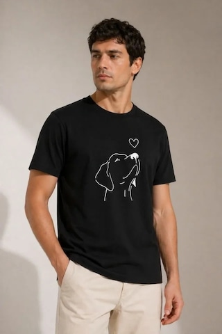 Defymoda Erkek Köpek Figürlü Minimal Baskılı Tişört Kısa Kol Yazlık T-shirt - Siyah