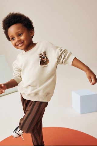 Erkek Çocuk Kahve Renk Funny Bear Baskılı Sırt Detaylı Sweatshirt Çizgili Jogger Eşofman Alt Üst Takım Krem