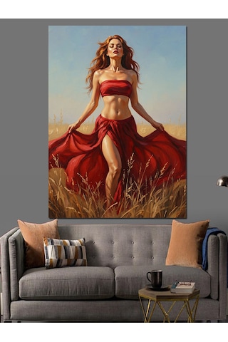 Kırmızı Elbiseli Seksi Pin-up Dekoratif Kanvas - Mdf Ahşap Tablo