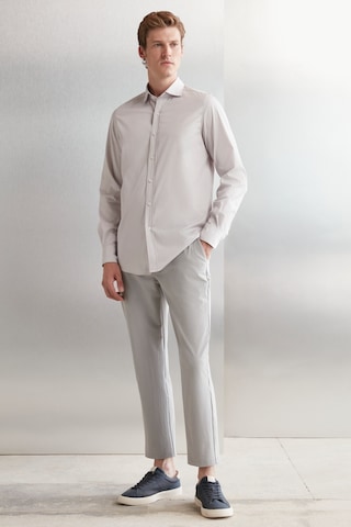 Grimelange Carlsten Erkek Slim Fit Italyan Yaka %100 Pamuk Poplin Açık Gri Gömlek