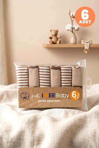 Just Inner Erkek Bebek 6'lı Pamuklu Ağız Mendili Ayıcık Ve Çizgili Desenli Kutulu Set Nefes Alan Doku 584202 Bej