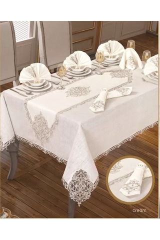 Elegant Linen Yemek Takımı Masa Seti 12 Kişilik 26 Parça160 260 Cm Runner Set Krem-gümüş Çok Renkli