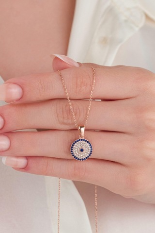 12 Mm Gümüş Rose Kaplama Nazar Boncuklu Boncuğu Zirkon Taşlı Mavi Göz Kolye