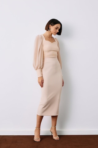 Sateen Midi Boy Kalem Etek - Bej