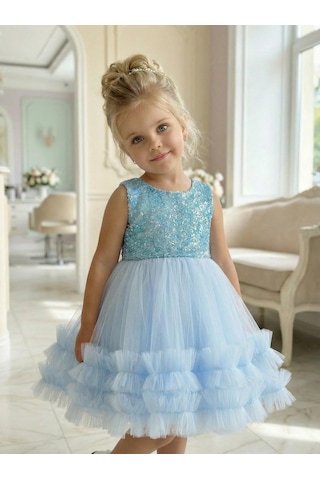 Butikhappykids Kız Çocuk Mavi Payetli Volanlı Tüllü Prenses Abiye Elbise 1-6 Yaş Mavi