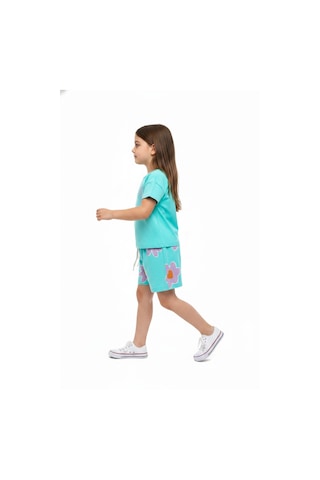Toontoy Kids Toontoy Kız Çocuk 2'li Şortlu Takım Bisiklet Yaka Kısa Kollu Baskılı Tişört - Beli Lastikli Bağlamalı Baskılı Şort 25035 Mint Yeşili