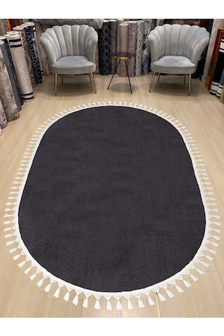 Vl Oval Comfort Overloklu Peluş Halı Beyaz Saçaklı Oval Antrasit