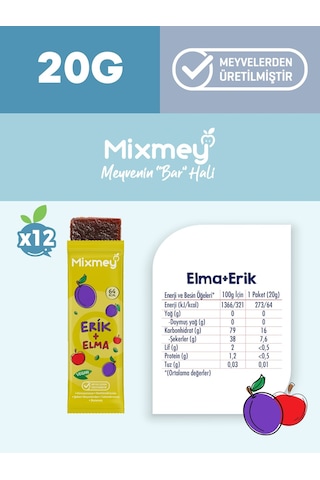 Mixmey Erik Meyve Barı 12 Adet | Atıştırmalıklar – Vegan, Glutensiz, Koruyucusuz (20GR X 12 ADET)