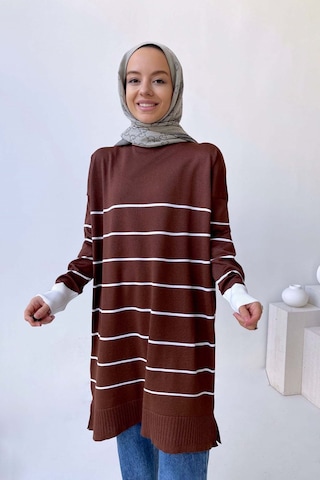 Kahijab Bisiklet Yaka Çizgili Merserize Tunik - Kahverengi