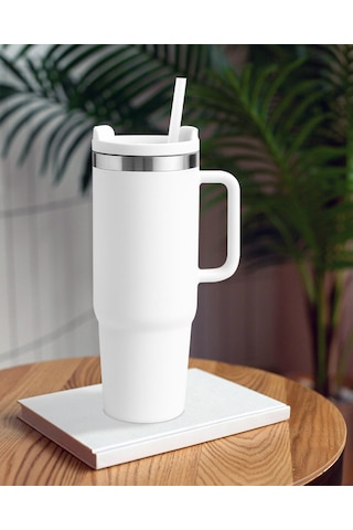 Beyaz Paslanmaz Çelik Termos Pipetli 1200ml Beyaz