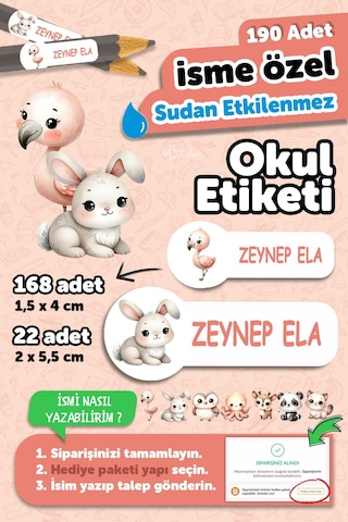 Okul Etiketi Kalem Defter İsimli Etiket Isim Yazılabilen Tatlı Hayvanlar - 190 Adet Özel Tasarım Çok Renkli