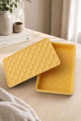 Desenli Kapaklı Dekoratif Kutu Masa Üstü Organizer Takı Aksesuar Saklama Kutusu Pla 20x12.5 Cm Sarı