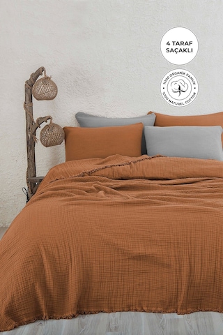 %100 Pamuk Çift Kişilik Müslin Yatak Örtüsü 4 Katlı Yumuşak Battaniye Müslin Pike Takımı 3 Parça Turuncu Turuncu