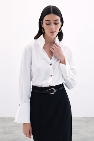 Sateen Çıt Çıt Detaylı Gömlek - Ekru-135828 Ekru