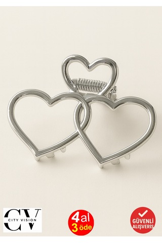 7 Cm Çift Kalp Model Gümüş Saç Tokası Zarif Ve Romantik Metal Mandal Toka Gümüş