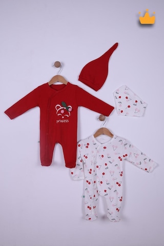 Babyhola %100 Pamuk Kirazlı 2'li Patikli Tulum Önlük Bere 4'lü Set 23608 Göründüğü Gibi