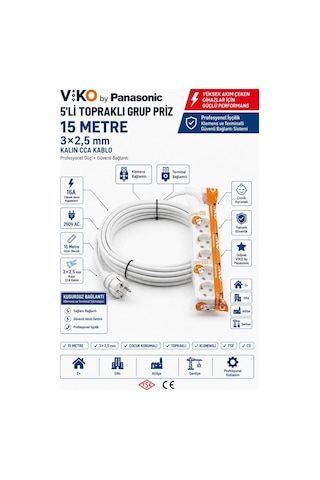 Viko Grup Priz 5'li, 15 Metre Uzatma Kablosu, 3x2.5 Kalın Cca Kablo - Premium Kalite, Çocuk Korumalı, Terminal Ve Klemens Bağlantılı 15 M