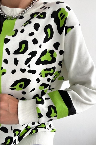 Femelle Kadın Leopar Desen Pamuk Sweatshirt Beyaz