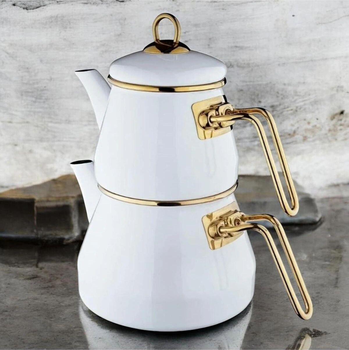 Taşev Robin Emaye Çaydanlık Takımı Beyaz Beyaz