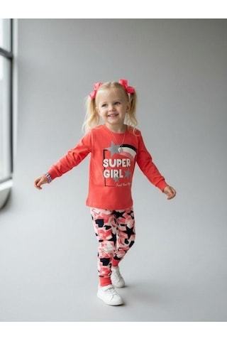 Kız Çocuk Super Girl Yazılı Simli Baskılı Uzun Kollu Pijama Takımı-16828 Pembe