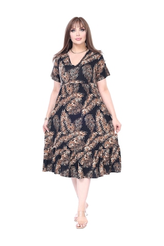Melsay Butik Göğüsten Robalı V Yaka Kısa Kollu Siyah Başak Desen Cepli Elbise Lacivert