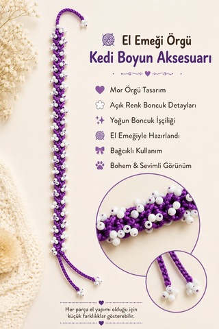 El Örgüsü Kedi Boyun Aksesuarı Mor Beyaz Boncuklu Bağcıklı El Yapımı Dekoratif Kedi Tasması