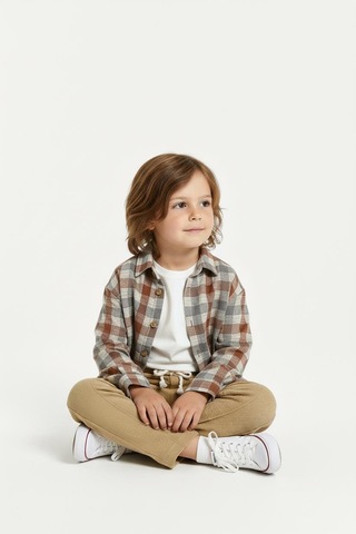 Kiremit Ekoseli Gömlekli 3 Lü Takım Bej