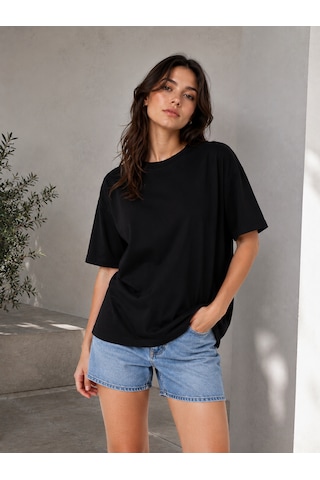 Polymood Kadın Oversize %100 Organik Pamuk Yakası Ribanalı T-shirt Siyah