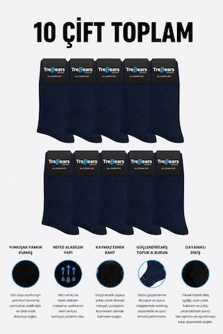 Trebears 10 Lu Paket Unisex Lacivert Soket Çorap Seti Güçlendirilmiş Topuk & Burun Uzun Çorap Açık Lacivert