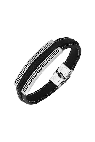Brezza Lusso Jewelry Deri 316 L Çift Greek Desenli Paslanmaz Çelik Erkek  Bileklik Beyaz