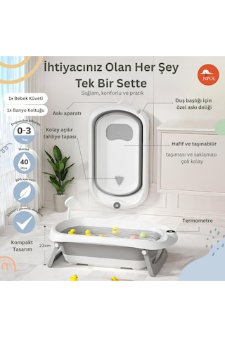Thermae Katlanabilir Bebek Küveti, Kaymaz Banyo Koltuğu - Termometreli Yenidoğan Küveti