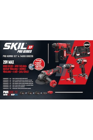 Skil Pro Kombo Set 4 3851CA 20V Max Kırıcı Delici + 3930CB Avuç Taşlama + 3065CA Matkap Vidalama + 3225CA Darbeli Vidalama + 2.5AH+ 3 Adet 4AH Akü+şarj Cihazı