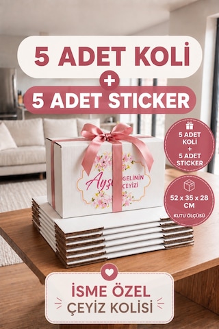 Kişiye Özel Çeyiz Kolisi Seti 52x35x28 Cm 5 Adet Beyaz Bc Dalga Koli + 5 Adet İsimli Çeyiz Stickerı Dayanıklı Taşıma Kolisi Diğer