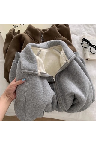 Snapbuy İçi Polarlı, Fermuarlı, Dik Yaka Kadın Sweatshirt Ceket Gri