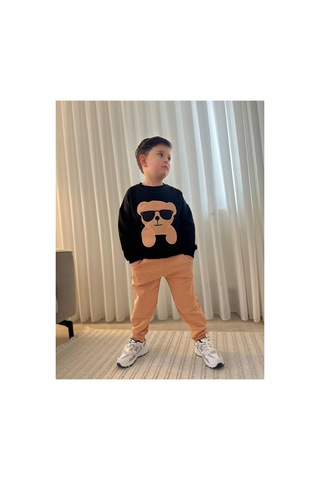 Jeliboomkidswear Erkek Çocuk 3-10 Yaş 2 İplik Riklalı Günlük Eşofman Takımı Siyah-camel