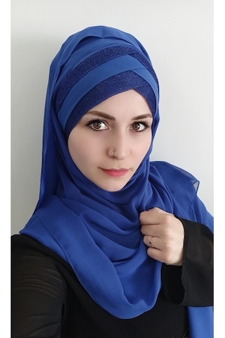 Kadın Tesettür Simli Üç Bantlı Hazır Şal Saks Mavisi Saks