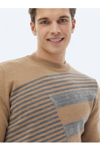 Deve Tüyü Bisiklet Yaka Desenli Yün Karışımlı Triko Kazak Bej