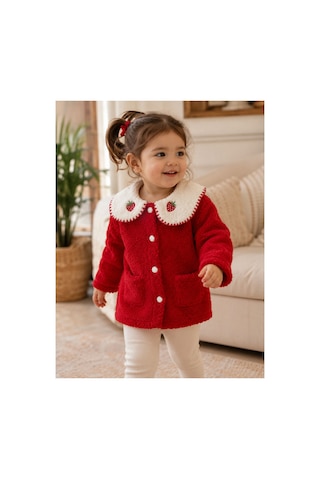 Omeca Concept Çilek Nakışlı Bebe Yaka Kırmızı Peluş Kız Çocuk Mont