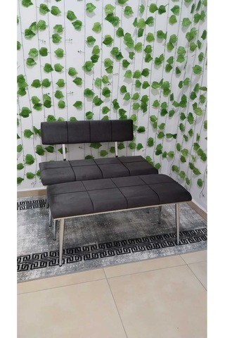 Özcan Metal Krom Metal Ayaklı Bench Sırtlı Mutfak Salon Antre Yatak Odası Puf Bank Oturak Takımı Gri