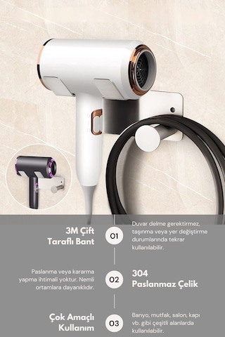Zift Unique Paslanmaz Çelik Fön Makinesi Askısı - Saç Kurutma Makinesi Tutacağı Krom