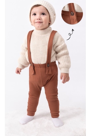 Bebicix Triko Kazak Oversize Esnek Salopet Bereli Unisex Bebek Takım Kahverengi