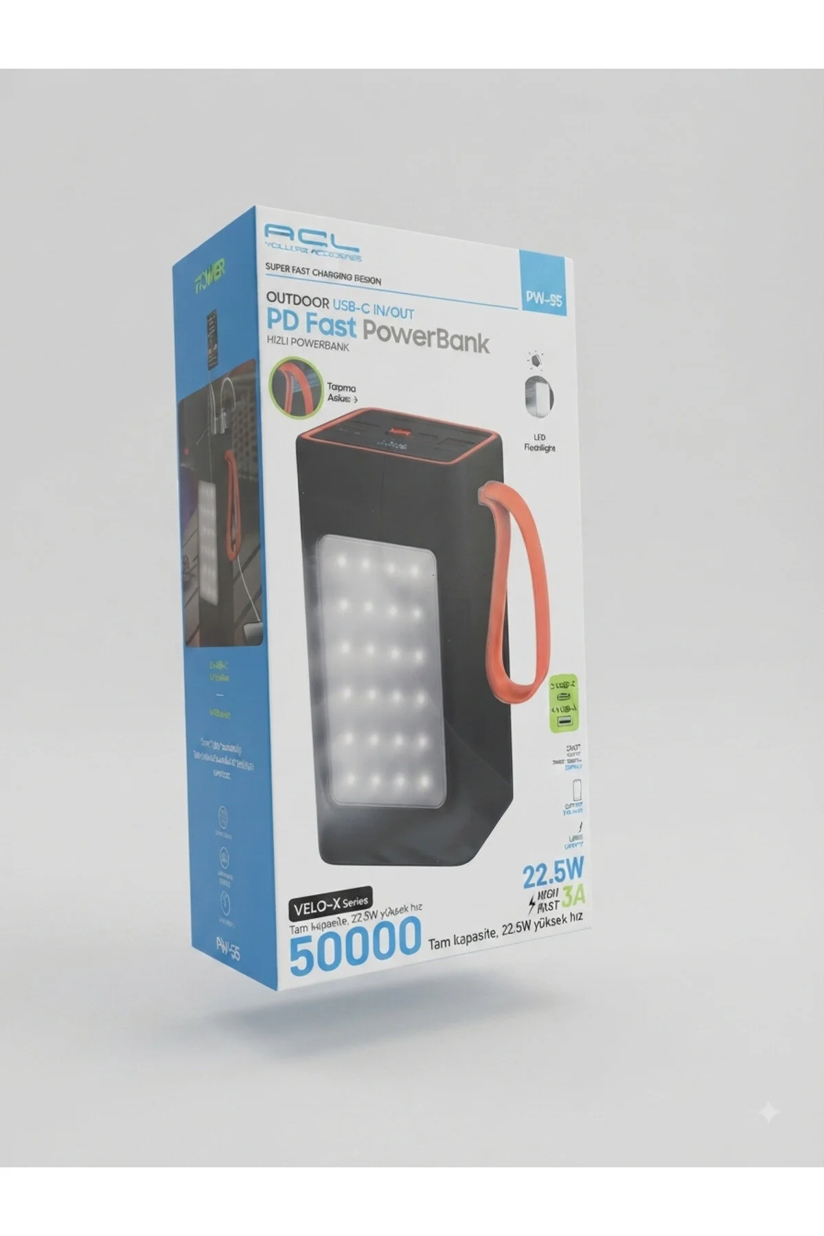 Aura Akse Series 50000 Mah 22.5w Pd Fast Outdoor Kamp Lambalı Ve Turuncu Askılı Dijital Göstergeli Powerbank