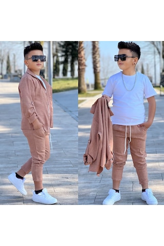 Modavals Kol Katlamalı Keten Gömlek & Beli Lastikli Keten Pantolon & Pamuklu Tshırt & Zincir Aksesuar 4lü Keten Erkek Çocuk Takım Kahverengi