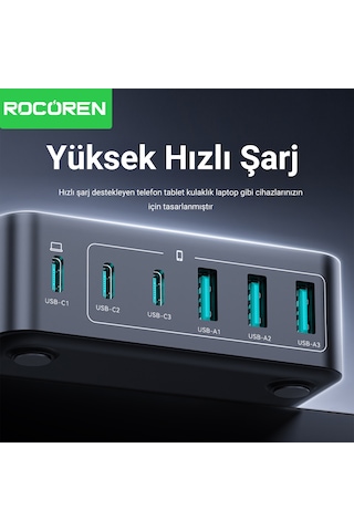 Rocoren 160w 3 Type-c Ve 3 Usb-a 6 Portlu Şarj Cihazı Laptop Uyumlu Gan Masaüstü Şarj İstasyonu