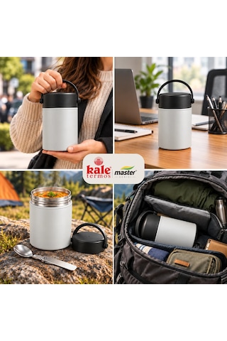 Kale Master 550 Ml Çelik Yemek Termosu 304 Paslanmaz Çelik Termal Yemek Kabı, Katlanabilir Kaşıklı Ve Taşıma Kulplu-507 Gri