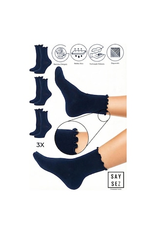 Saysez Bambu Kadın Lastiksiz Laci Fırfırlı Soket Dikişsiz Çorap 3'lü Paket / İz Bırakmaz / Sıkmayan Çorap Lacivert