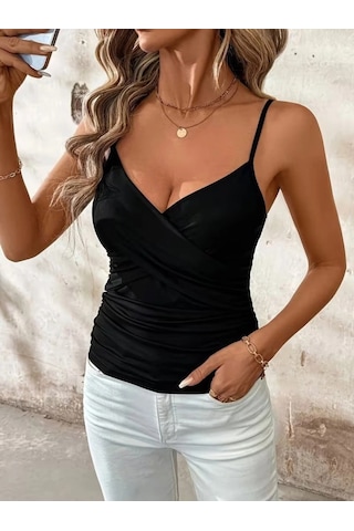 Defymoda Kadın Ip Askılı Önden Çapraz Detaylı Ithal Krep Bluz Siyah