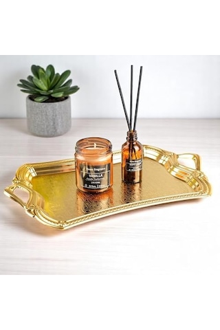 Osmanlı Motifli Dikdörtgen Metal Servis Tepsisi Kulplu 2 Kişilik Sunum Tepsisi, 37 X 23 Cm, 373 G, Gold Ve Gümüş Renk Seçeneği Altın Sarısı 15cm